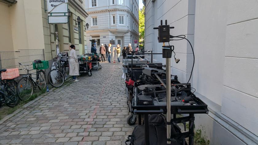 drone kit on a magliner next to filmset ready to take off